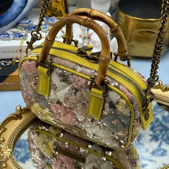 🆕 KURT GEIGER LONDON 🧿 NWOT XS Kensington Duffle, Yellow Floral Sequins - Picture 6 of 16